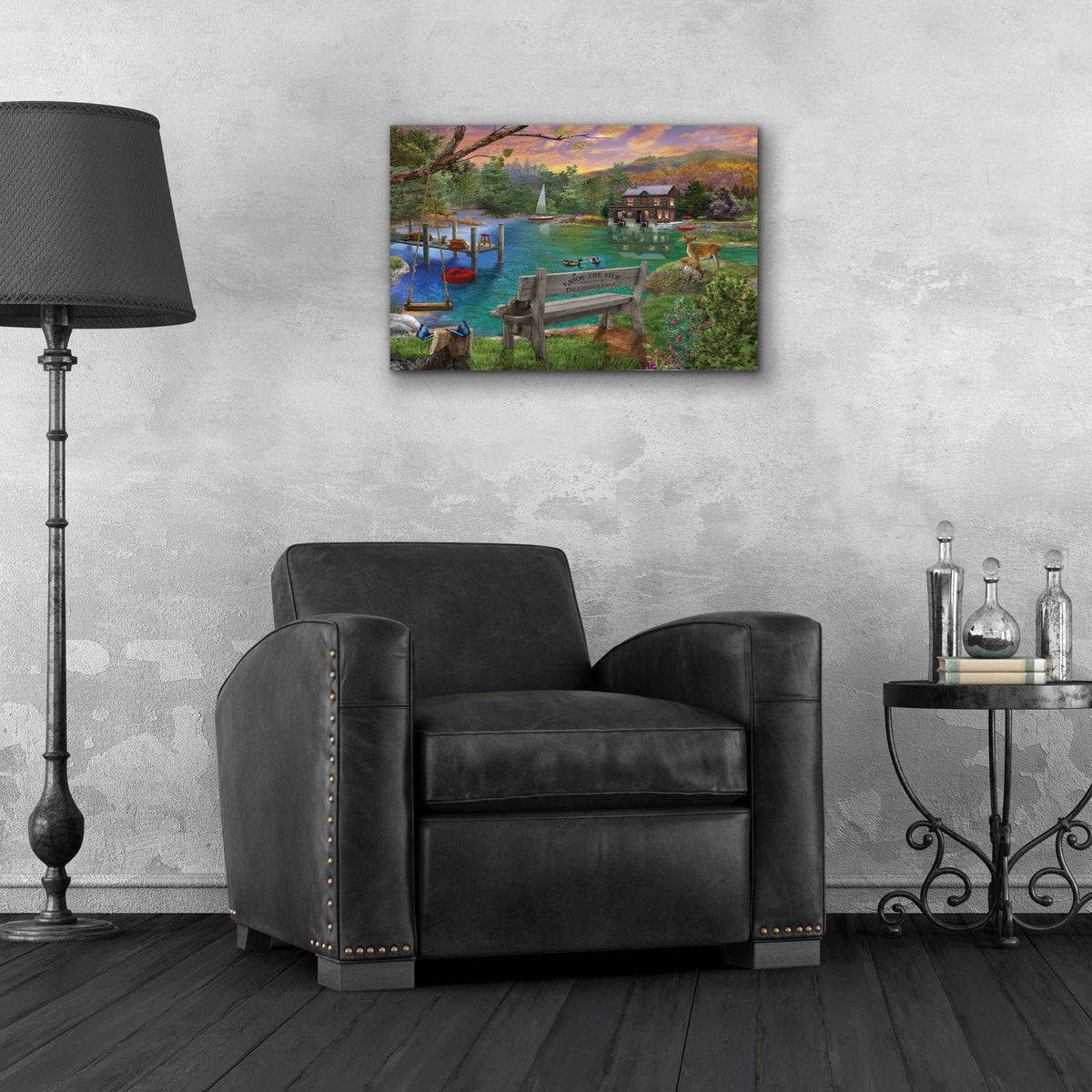 Lakeside View From The Bench by Bigelow Illustrations - 24x16 acrylic wall art in a room