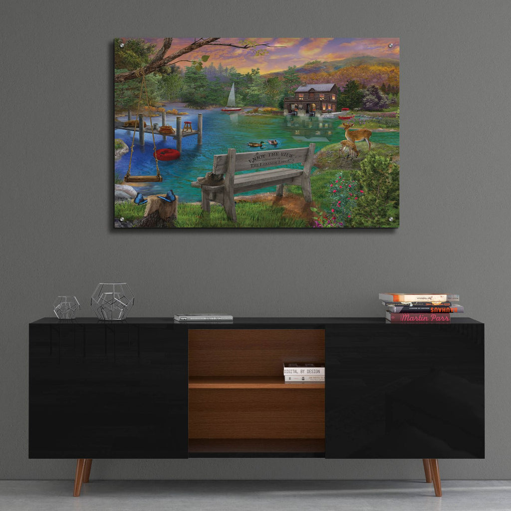 Lakeside View From The Bench by Bigelow Illustrations - 36x24 acrylic wall art in a room