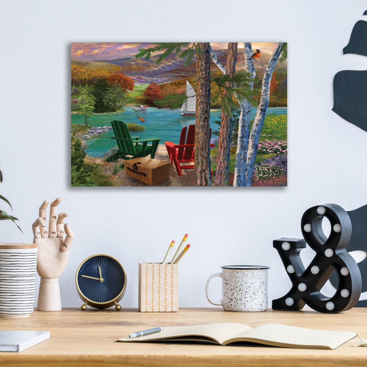 Lakeside View From The Chairs by Bigelow Illustrations - 16x12 acrylic wall art in a room
