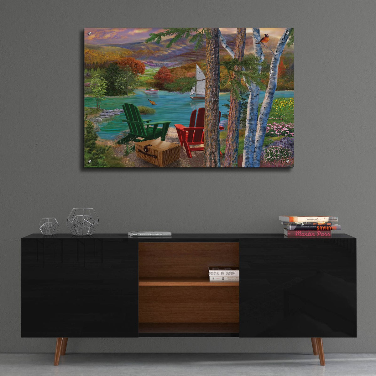 Lakeside View From The Chairs by Bigelow Illustrations - 36x24 acrylic wall art in a room