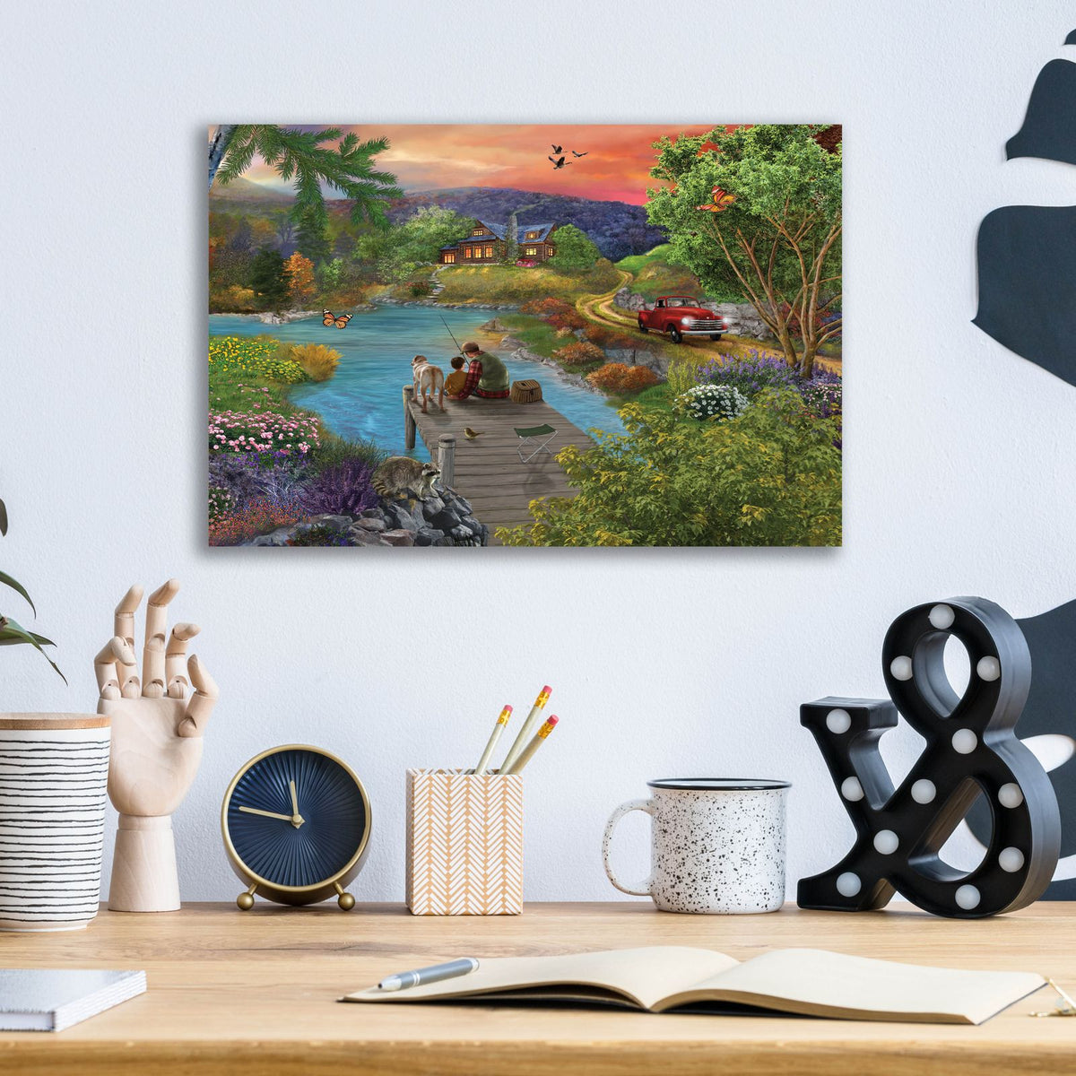 Lakeside View From The Dock by Bigelow Illustrations - 16x12 acrylic wall art in a room
