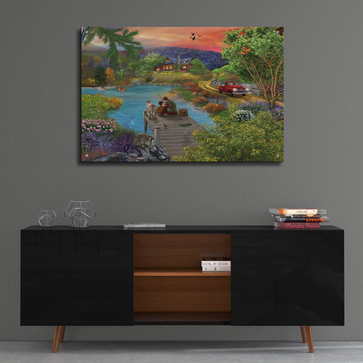 Lakeside View From The Dock by Bigelow Illustrations - 36x24 acrylic wall art in a room