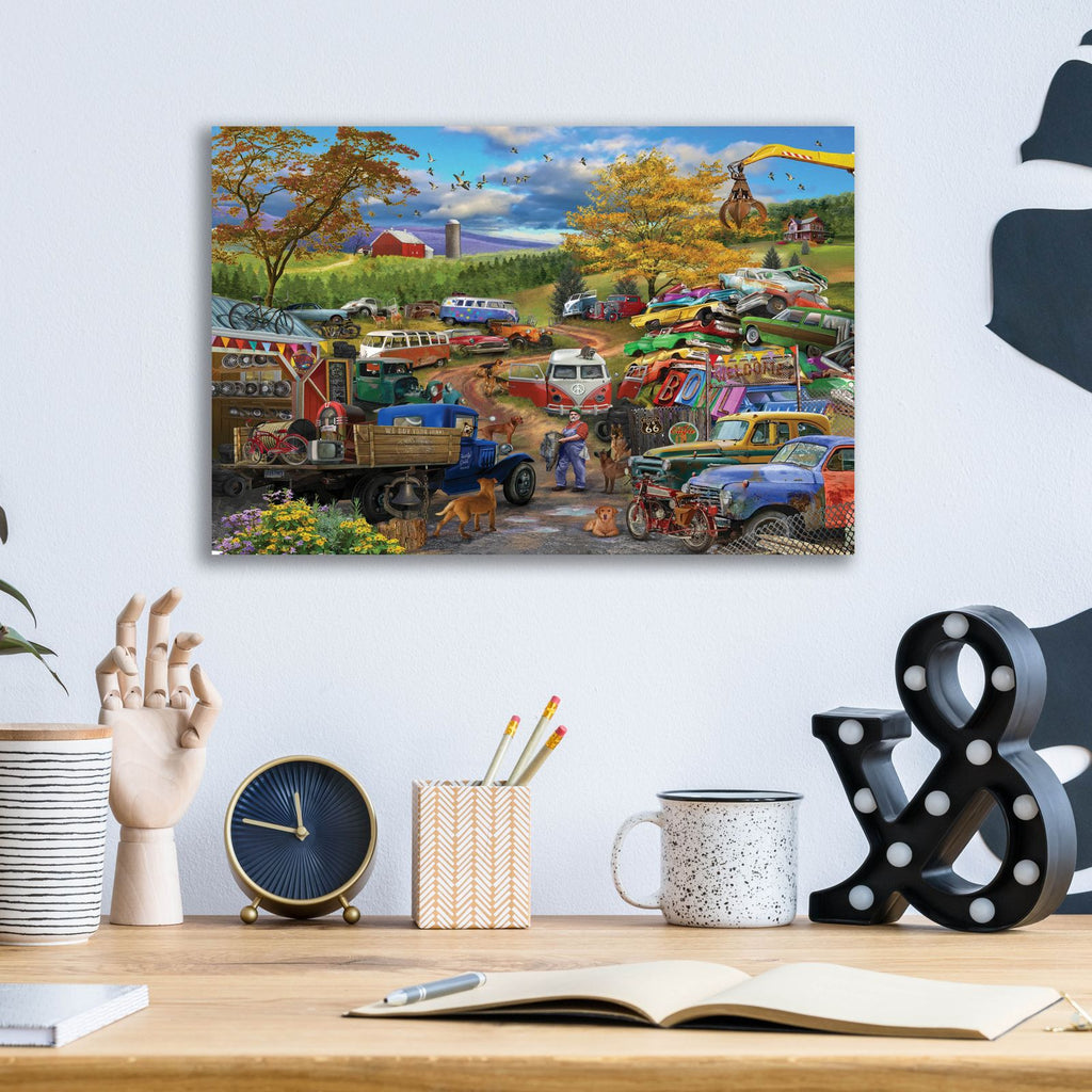 Rusty Gold And His Junkyard Dogs by Bigelow Illustrations - 16x12 acrylic wall art in a room