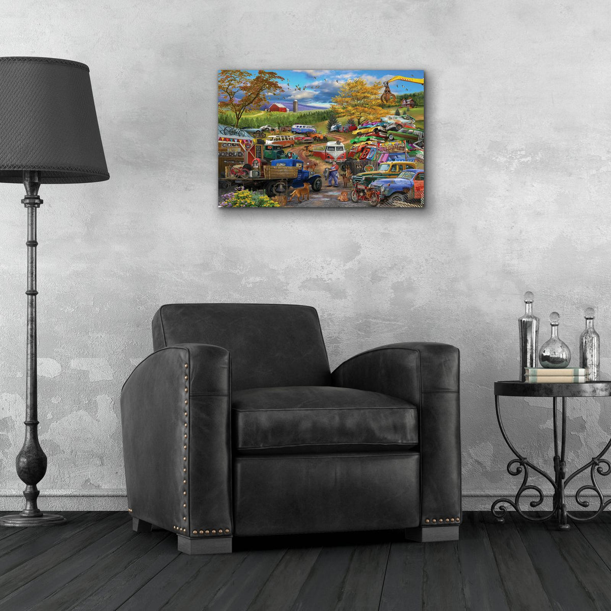 Rusty Gold And His Junkyard Dogs by Bigelow Illustrations - 24x16 acrylic wall art in a room