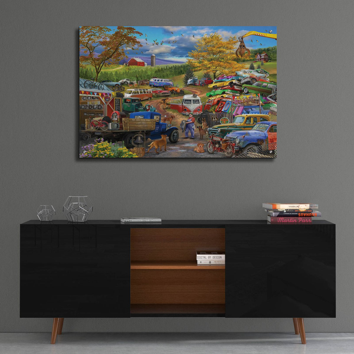 Rusty Gold And His Junkyard Dogs by Bigelow Illustrations - 36x24 acrylic wall art in a room