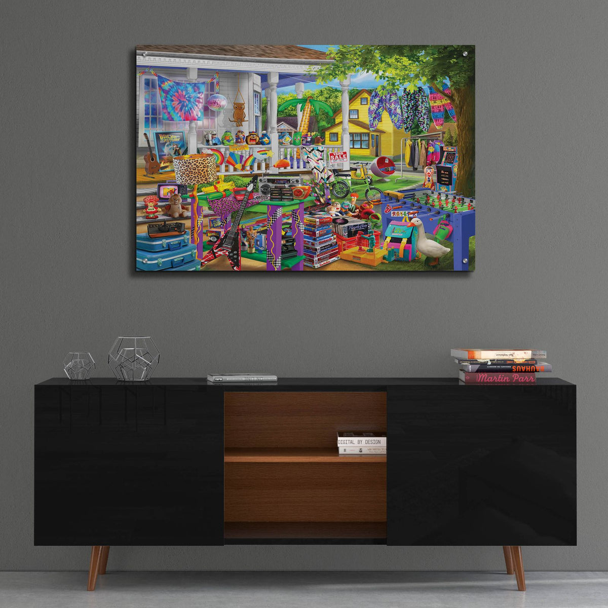 Wild And Crazy Yard Sale by Bigelow Illustrations - 36x24 acrylic wall art in a room