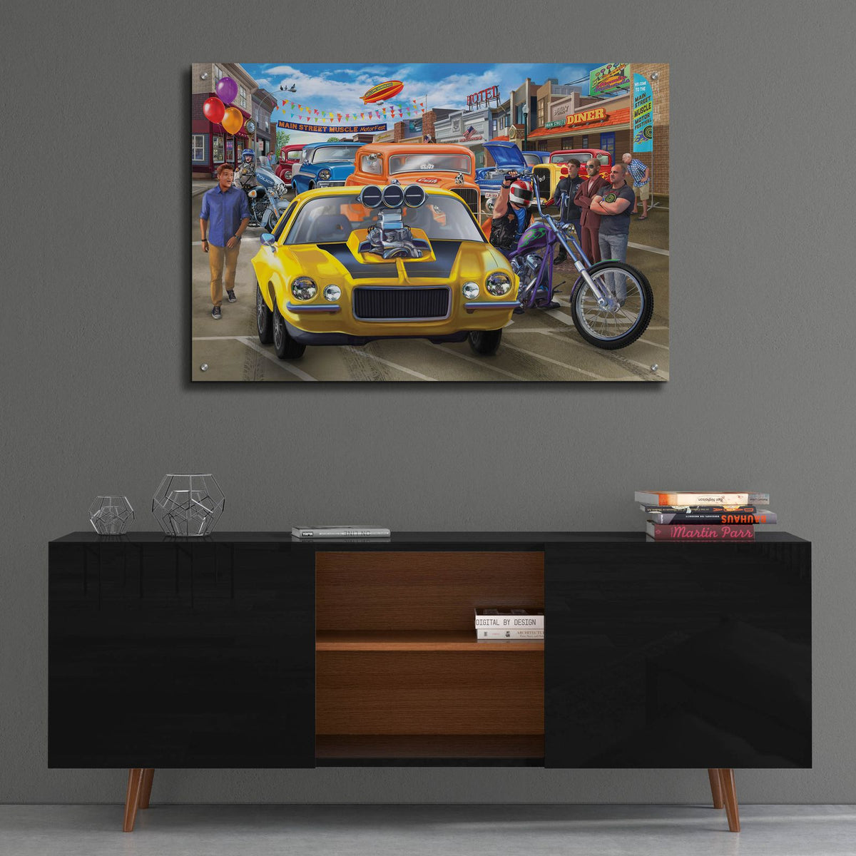 Main Street Muscle by Bigelow Illustrations - 36x24 acrylic wall art in a room