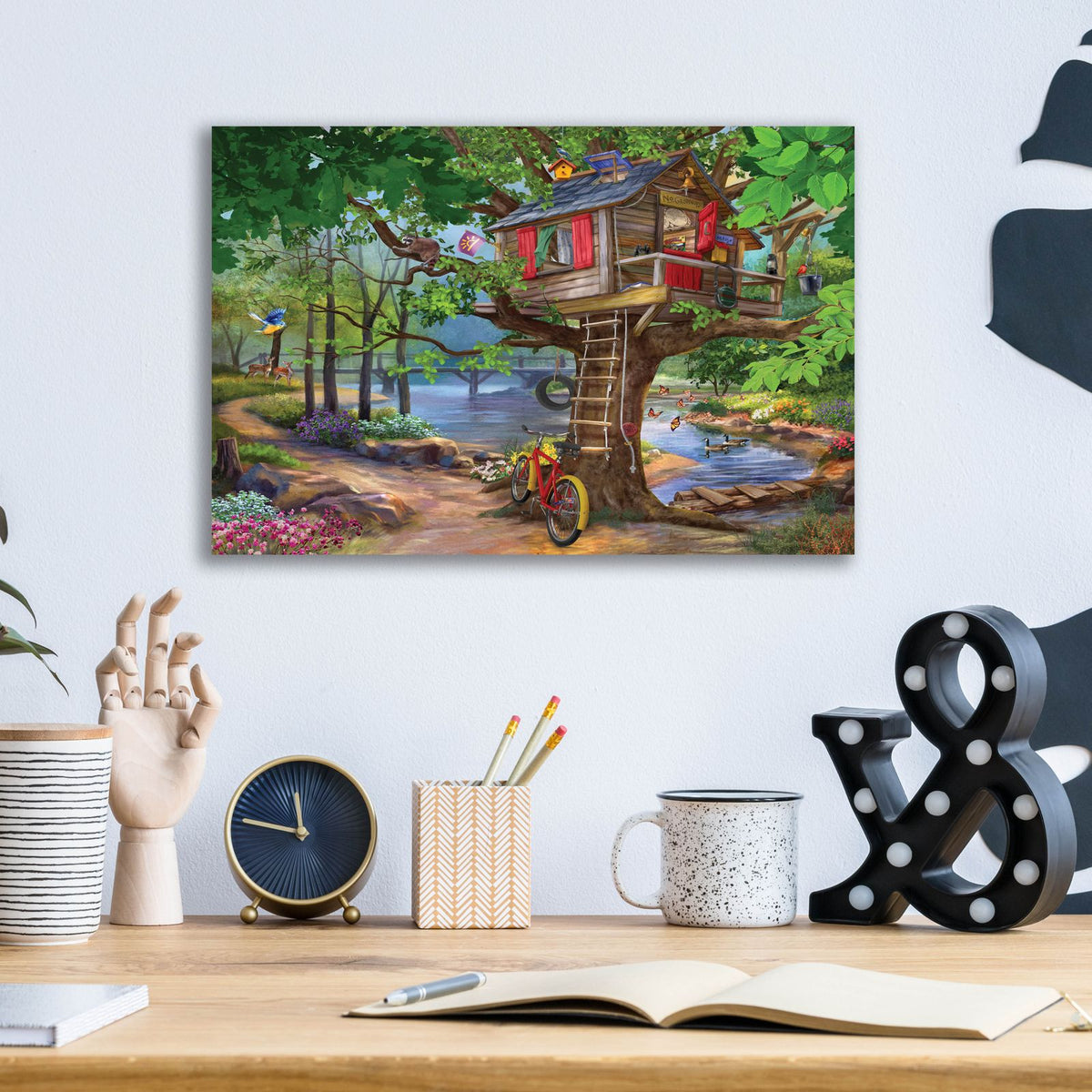 River Tree House by Bigelow Illustrations - 16x12 acrylic wall art in a room