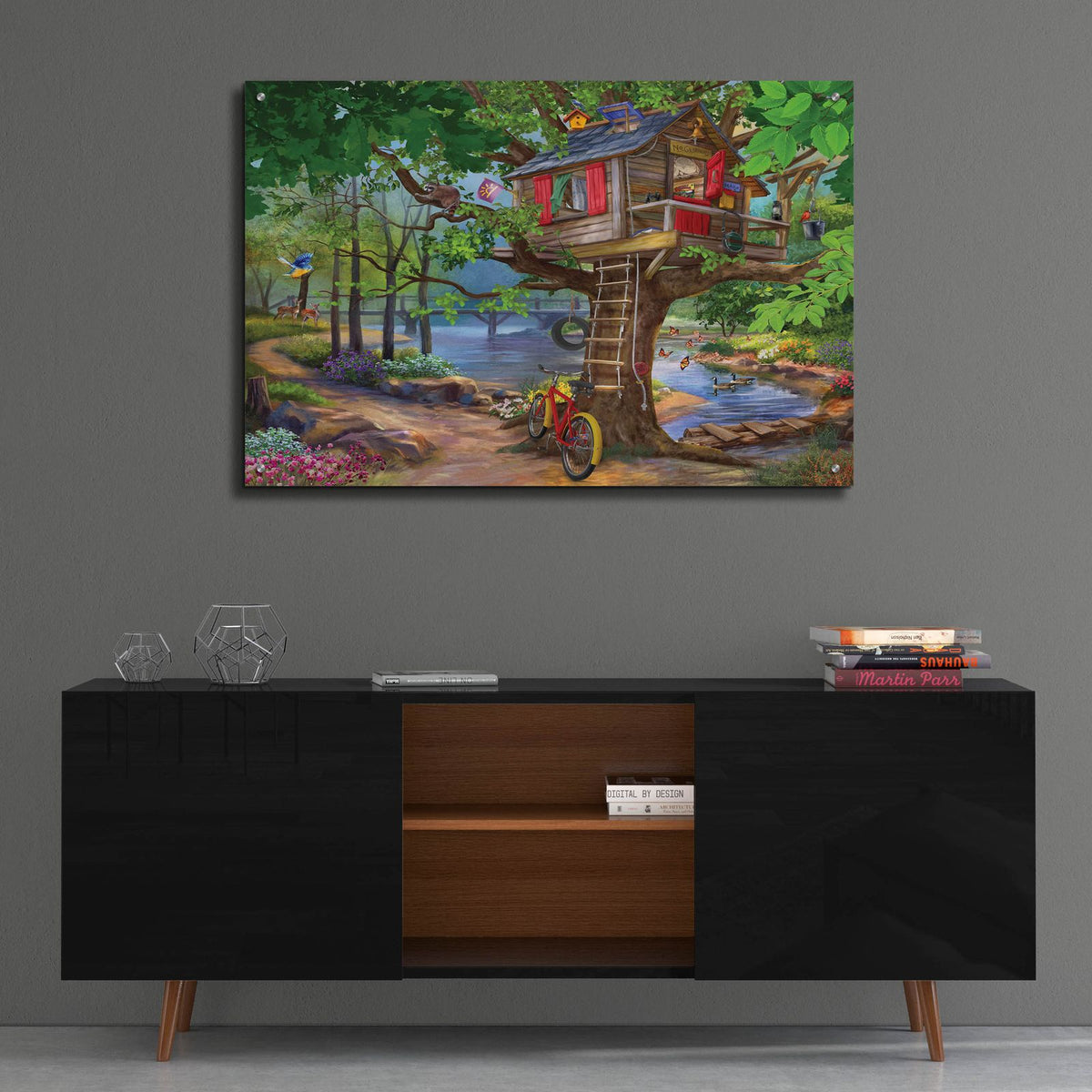 River Tree House by Bigelow Illustrations - 36x24 acrylic wall art in a room