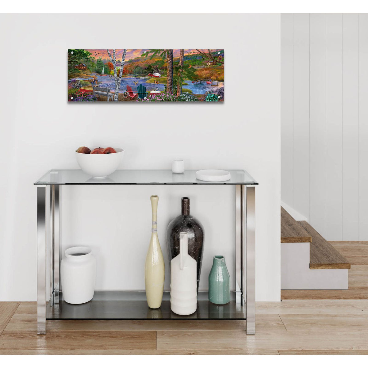 Pleasure Lake Panorama by Bigelow Illustrations - 36x12 acrylic wall art in a room