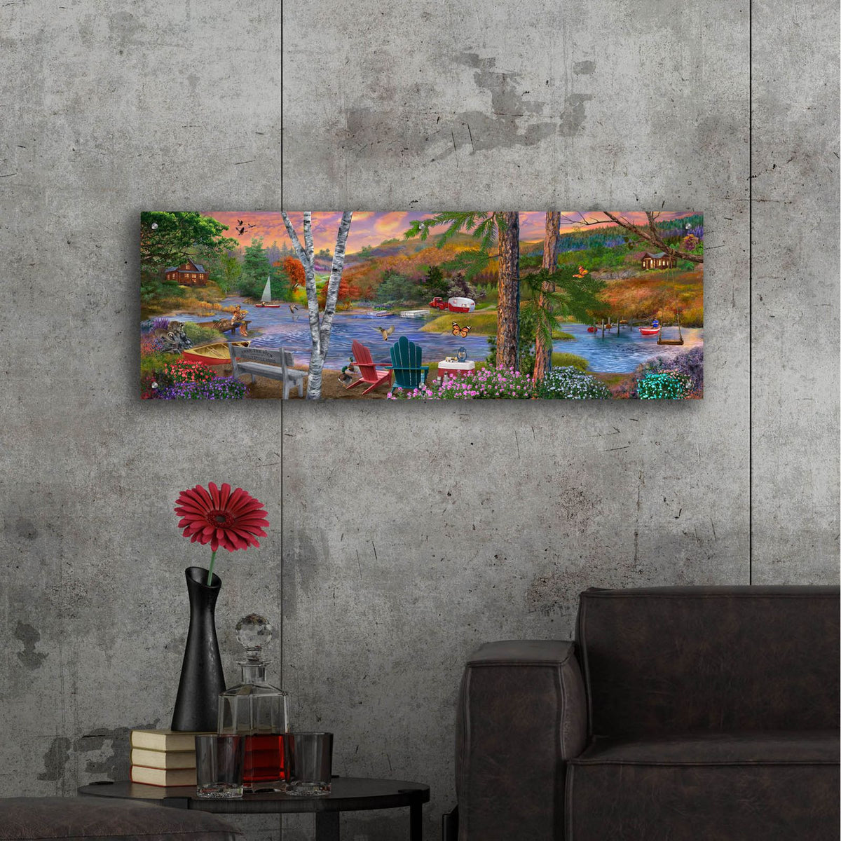 Pleasure Lake Panorama by Bigelow Illustrations - 48x16 acrylic wall art in a room