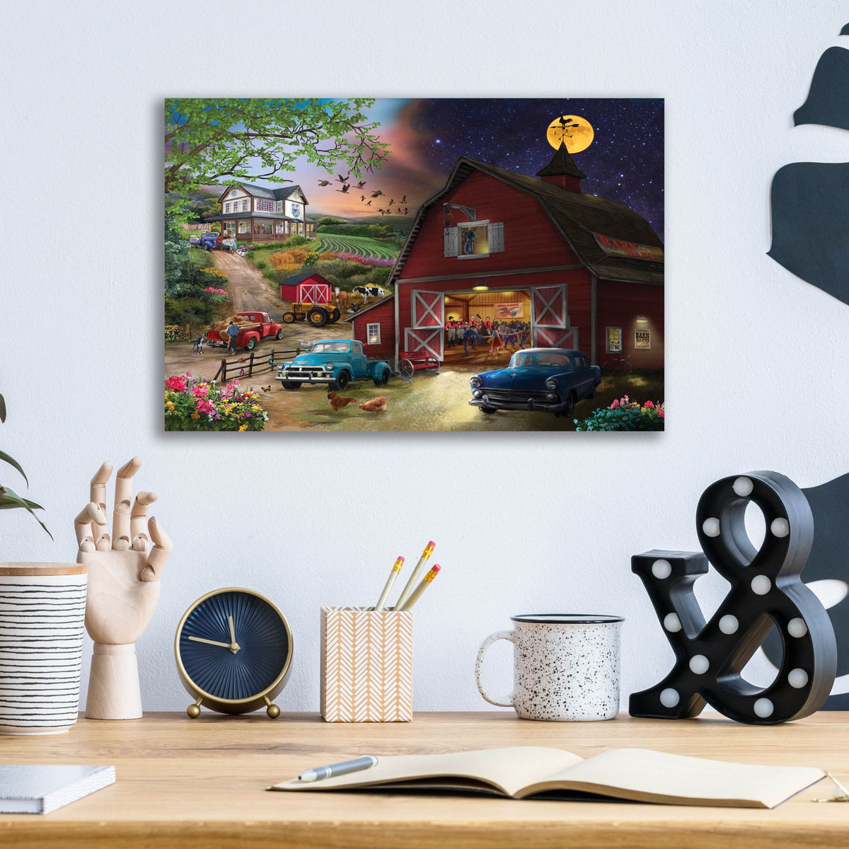 Farm Life Night And Day by Bigelow Illustrations - 16x12 acrylic wall art in a room