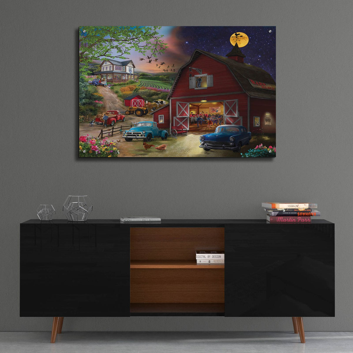 Farm Life Night And Day by Bigelow Illustrations - 36x24 acrylic wall art in a room