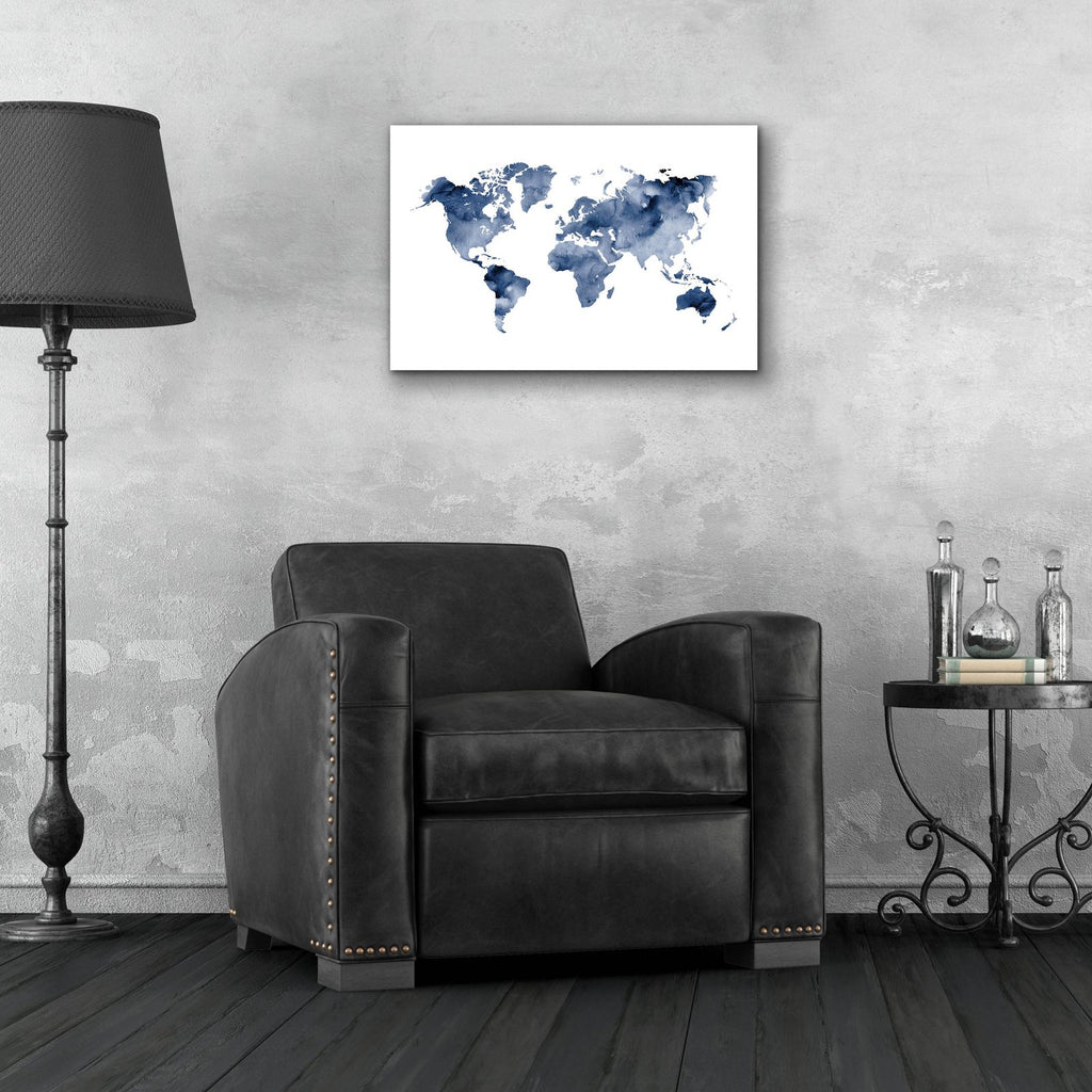 Indigo World Map by Brandon Wong - 24x16 acrylic wall art in a room
