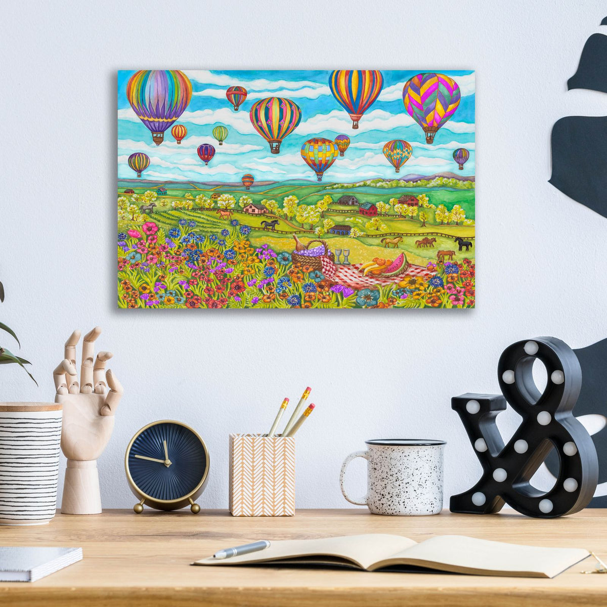 Balloons Over Farmland by Andrea Strongwater - 16x12 acrylic wall art in a room