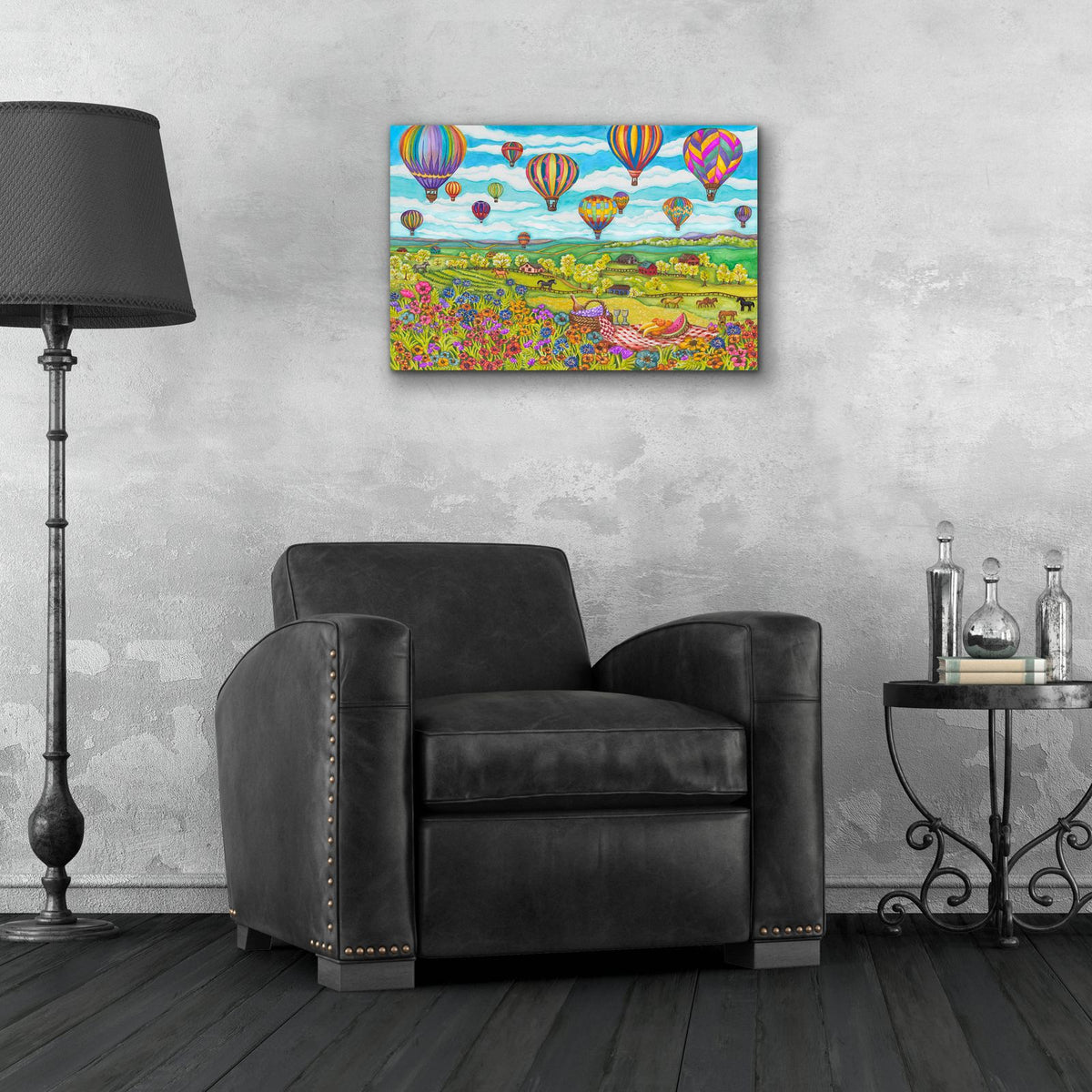 Balloons Over Farmland by Andrea Strongwater - 24x16 acrylic wall art in a room