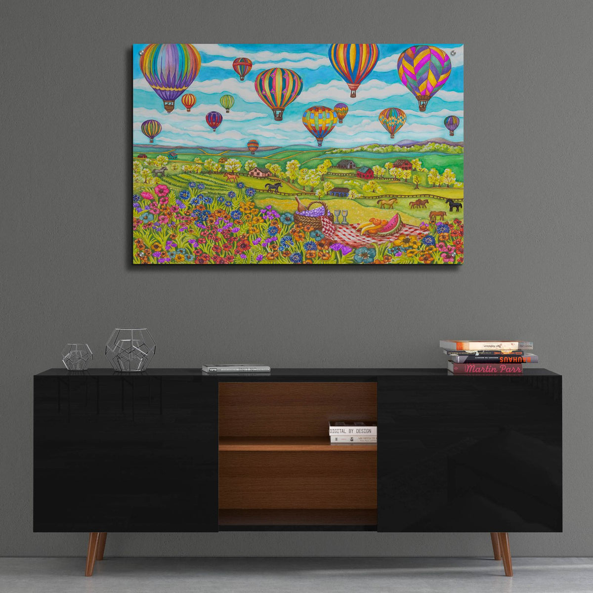 Balloons Over Farmland by Andrea Strongwater - 36x24 acrylic wall art in a room