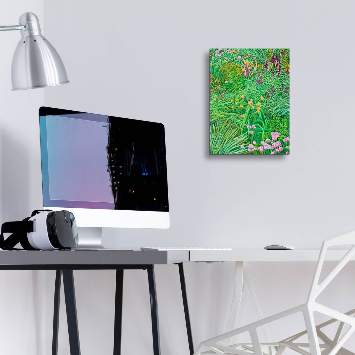 Tapestry Pinks And Hollyhocks by Andrea Strongwater - 12x16 acrylic wall art in a room