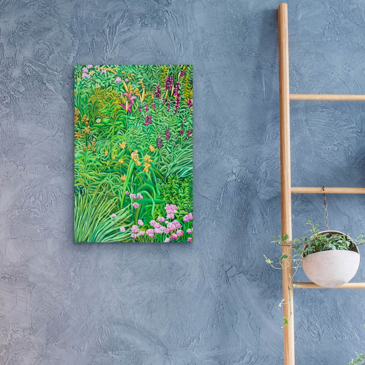 Tapestry Pinks And Hollyhocks by Andrea Strongwater - 16x24 acrylic wall art in a room