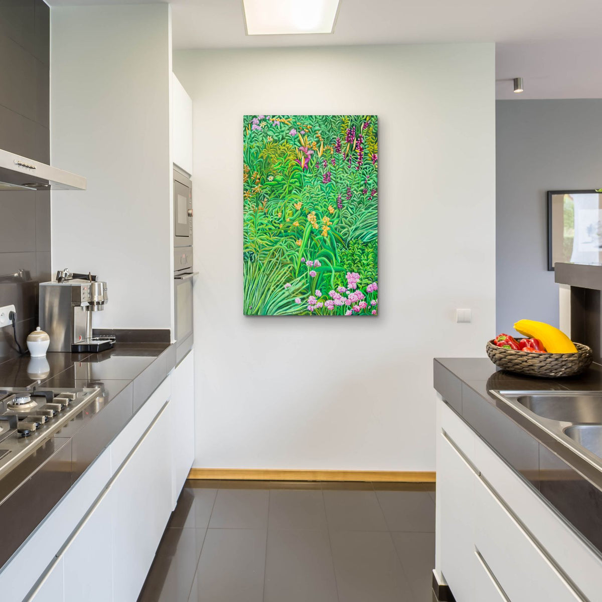 Tapestry Pinks And Hollyhocks by Andrea Strongwater - 24x36 acrylic wall art in a room