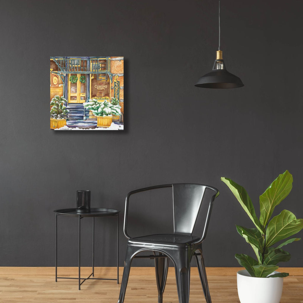 Cafe Cupping Room Ext Winter by Andrea Strongwater - 24x24 acrylic wall art in a room