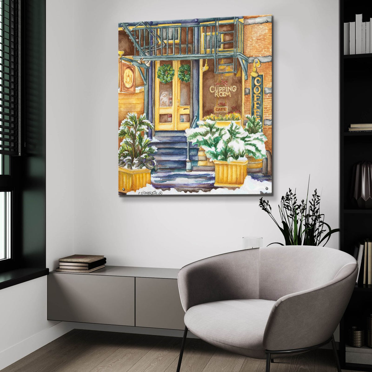 Cafe Cupping Room Ext Winter by Andrea Strongwater - 36x36 acrylic wall art in a room
