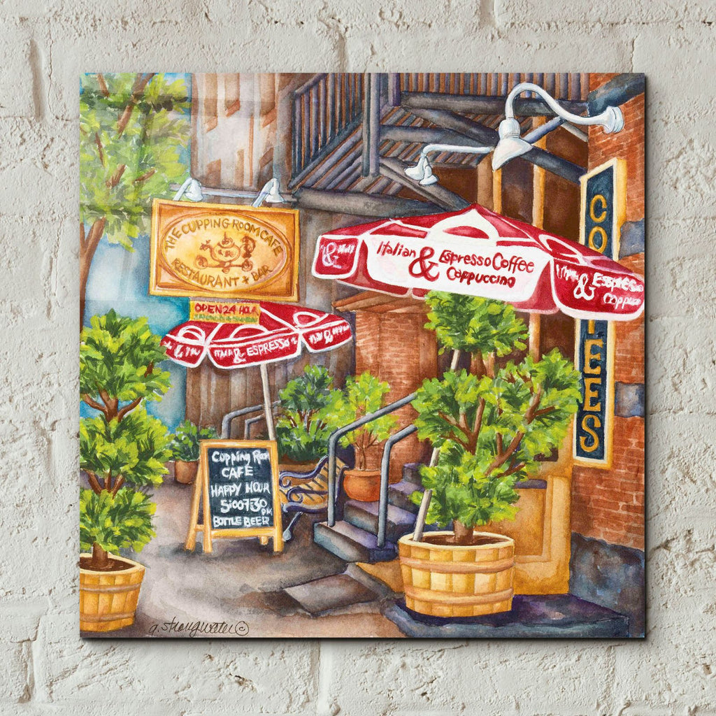 Cafe Cupping Room Ext Summer by Andrea Strongwater - 12x12 acrylic wall art in a room