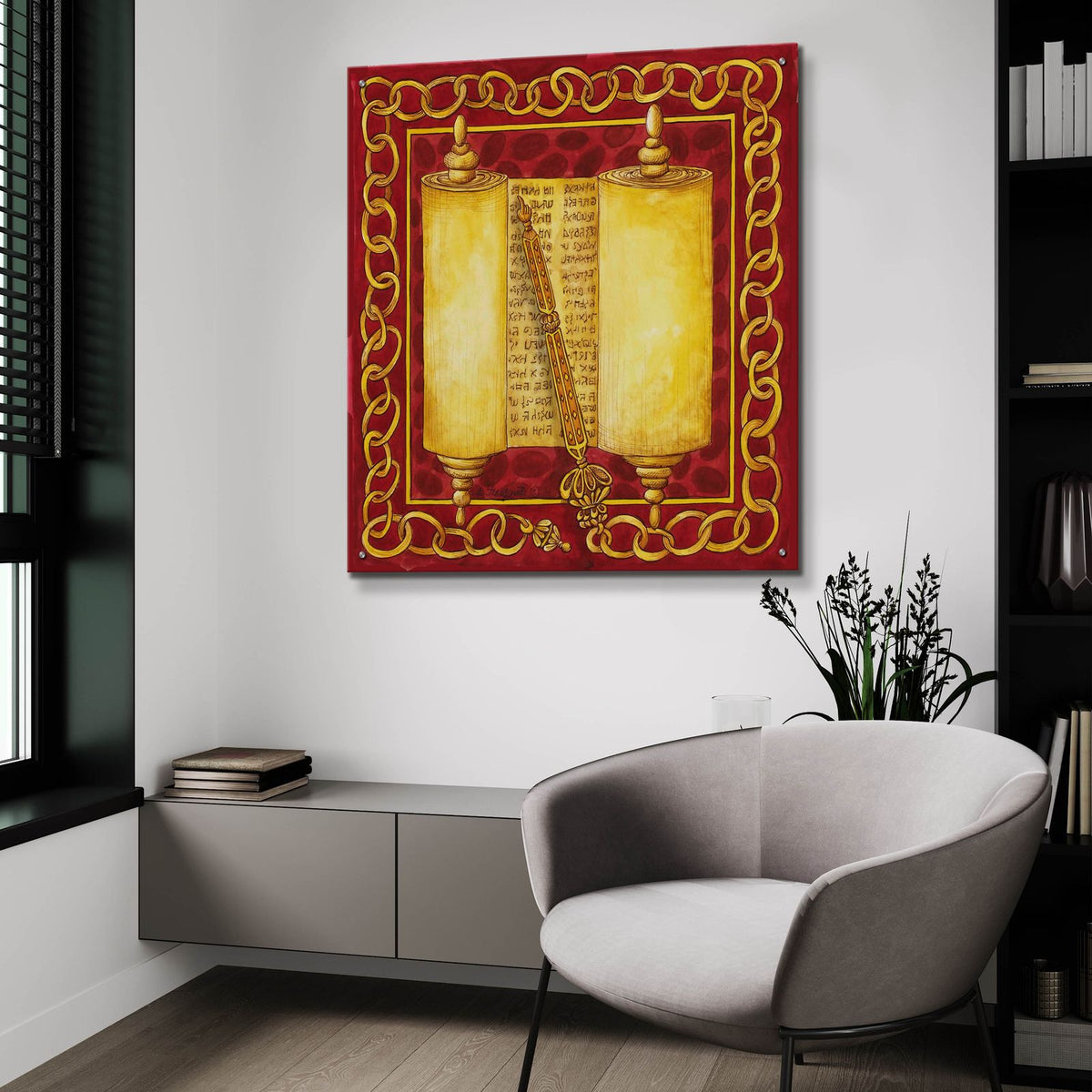 Jewish Year Torah Scroll by Andrea Strongwater - 36x36 acrylic wall art in a room