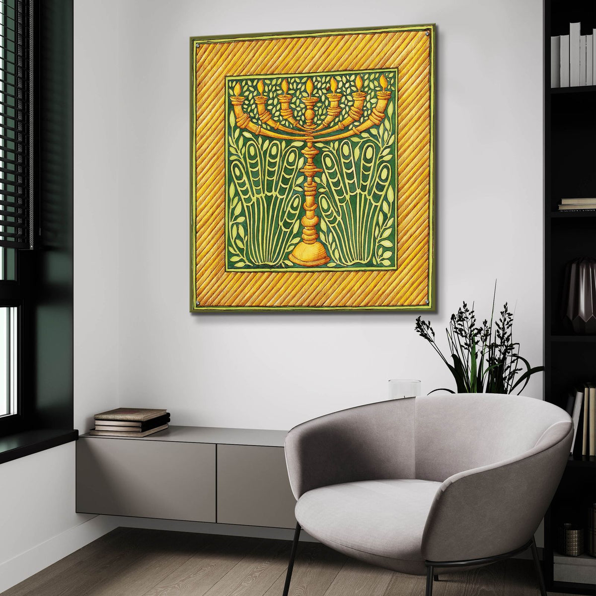Jewish Year Menorah With Hands by Andrea Strongwater - 36x36 acrylic wall art in a room