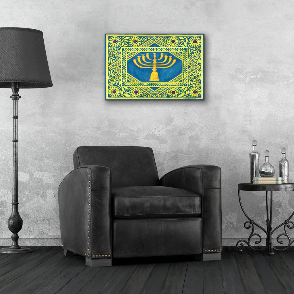 Hanukah Menorah On Turquoise by Andrea Strongwater - 24x16 acrylic wall art in a room