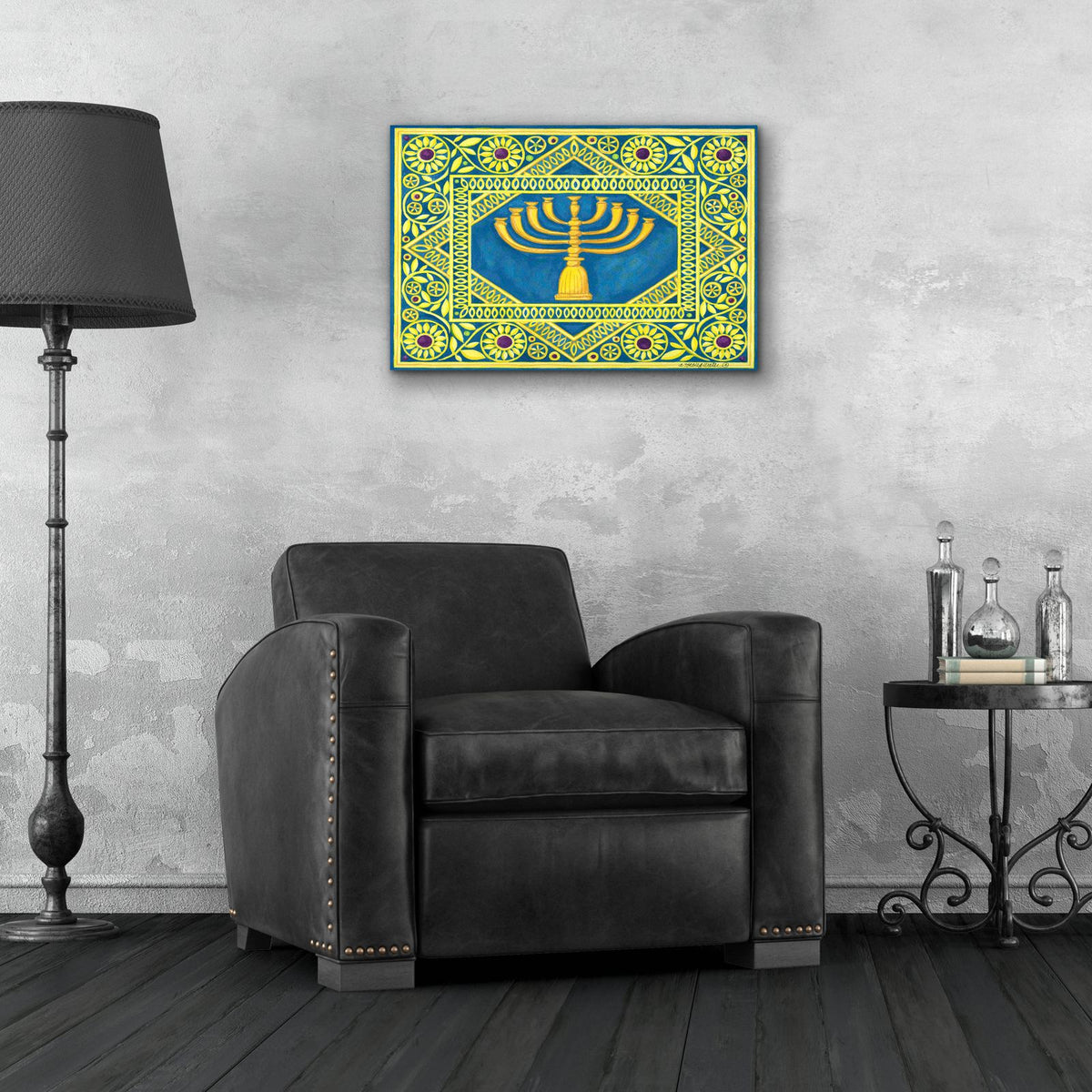 Hanukah Menorah On Turquoise by Andrea Strongwater - 24x16 acrylic wall art in a room