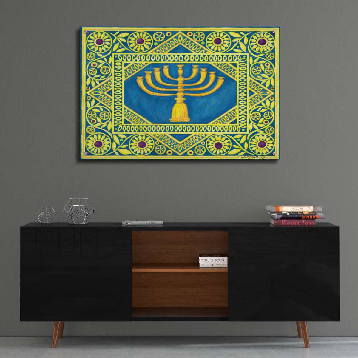 Hanukah Menorah On Turquoise by Andrea Strongwater - 36x24 acrylic wall art in a room