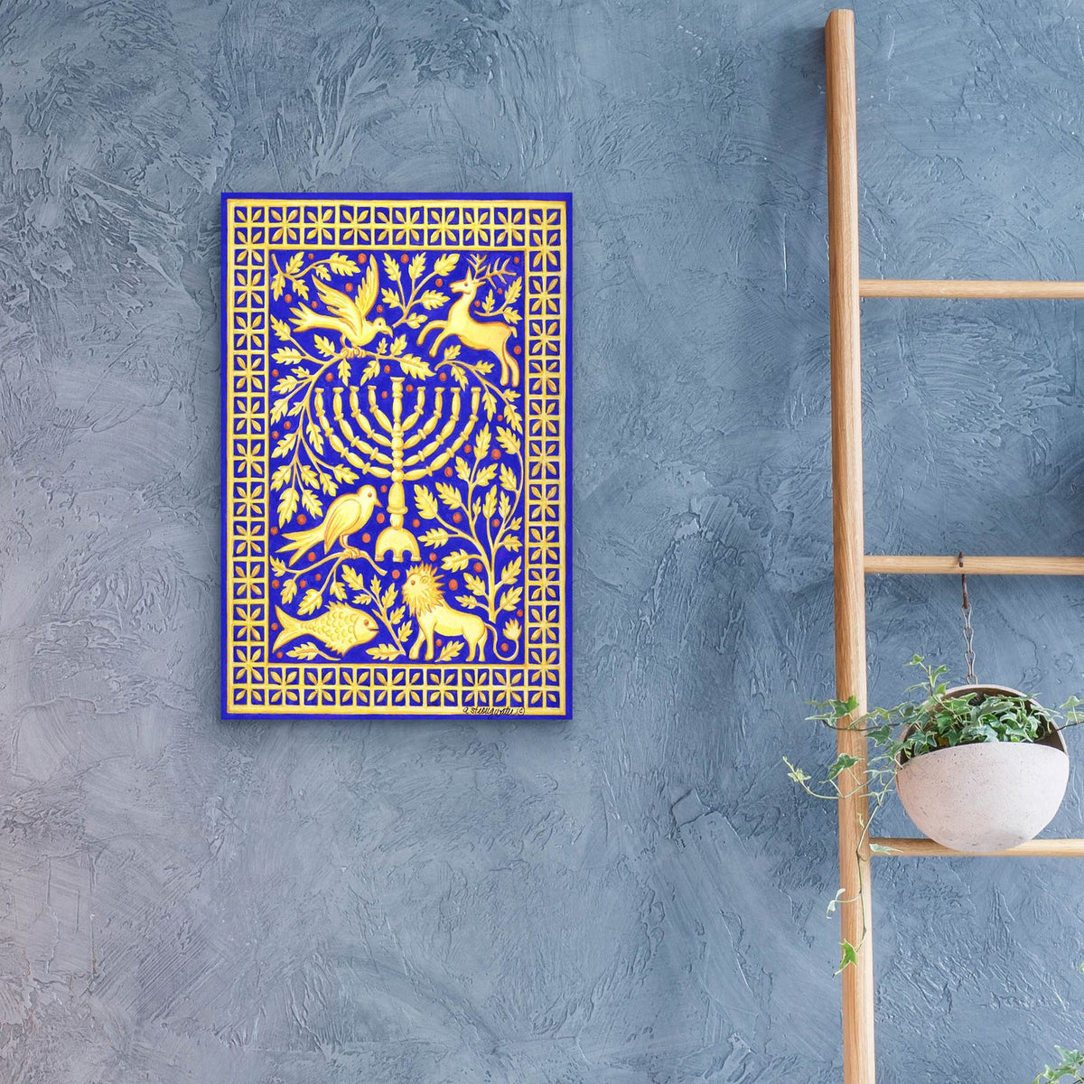 Hanukah Menorah On Royal Blue by Andrea Strongwater - 16x24 acrylic wall art in a room