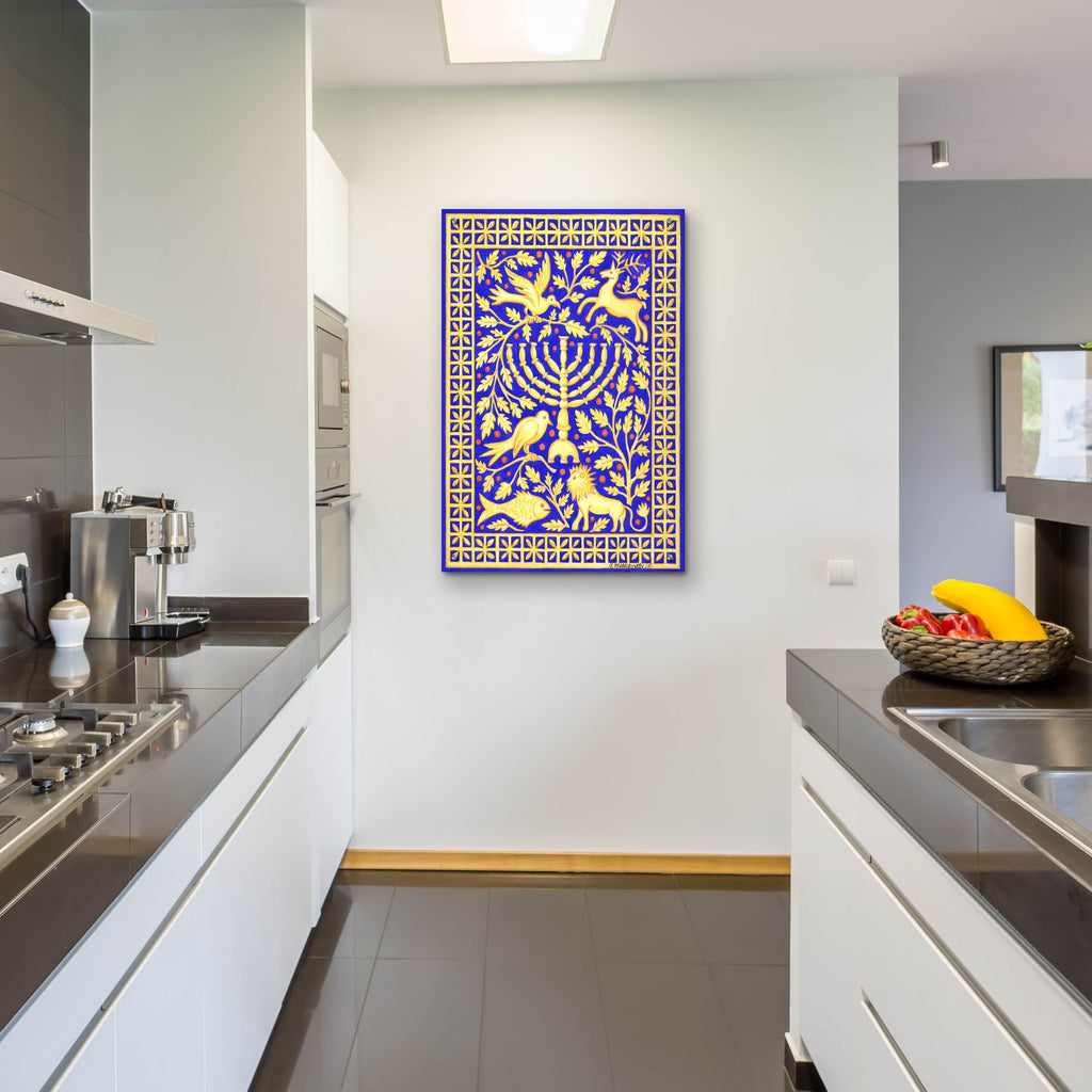 Hanukah Menorah On Royal Blue by Andrea Strongwater - 24x36 acrylic wall art in a room