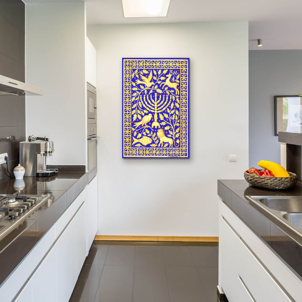 Hanukah Menorah On Royal Blue by Andrea Strongwater - 24x36 acrylic wall art in a room