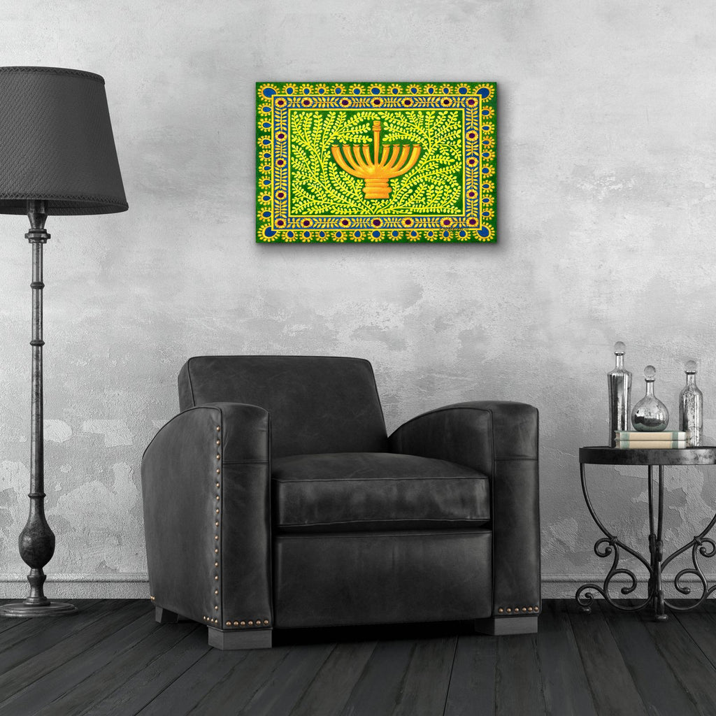 Hanukah Menorah On Green by Andrea Strongwater - 24x16 acrylic wall art in a room
