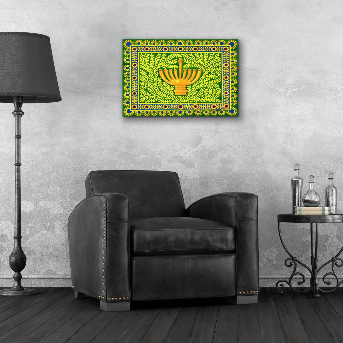 Hanukah Menorah On Green by Andrea Strongwater - 24x16 acrylic wall art in a room