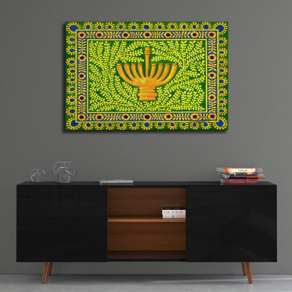 Hanukah Menorah On Green by Andrea Strongwater - 36x24 acrylic wall art in a room