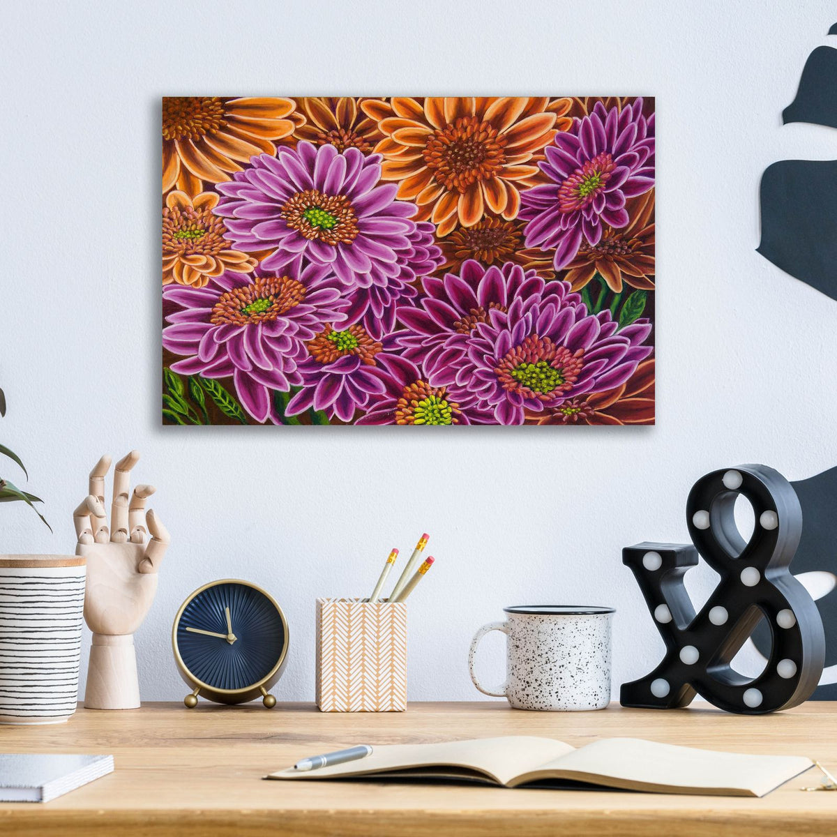Gerbera Mostly Magenta by Andrea Strongwater - 16x12 acrylic wall art in a room