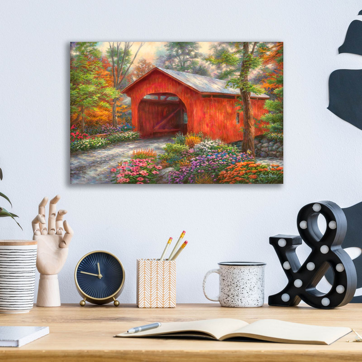 Red Covered Bridge by Chuck Pinson - 16x12 acrylic wall art in a room