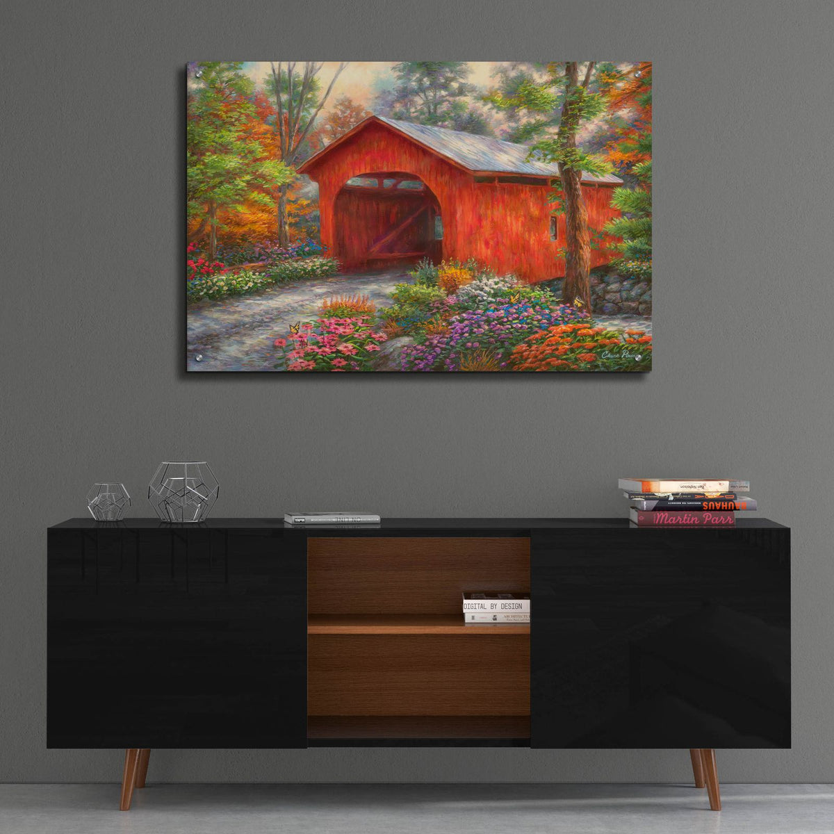 Red Covered Bridge by Chuck Pinson - 36x24 acrylic wall art in a room