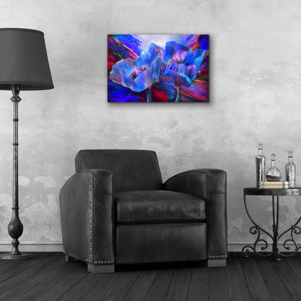 Blue Poppies On Red by Carol Cavalaris - 24x16 acrylic wall art in a room