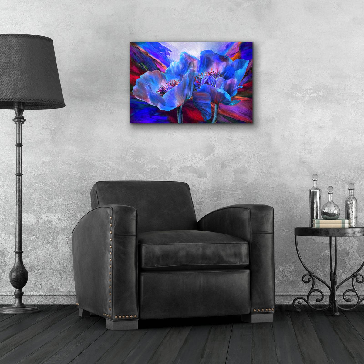 Blue Poppies On Red by Carol Cavalaris - 24x16 acrylic wall art in a room