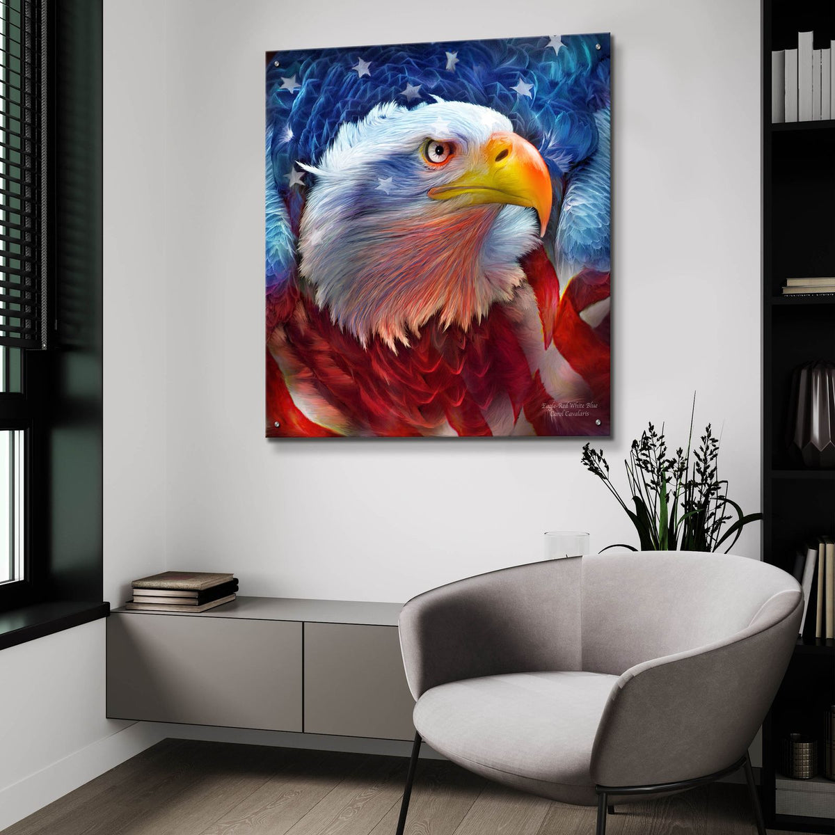 Eagle Red White Blue by Carol Cavalaris - 36x36 acrylic wall art in a room