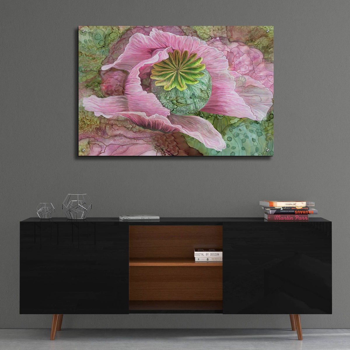 Pink Poppy Organica by Carol Cavalaris - 36x24 acrylic wall art in a room