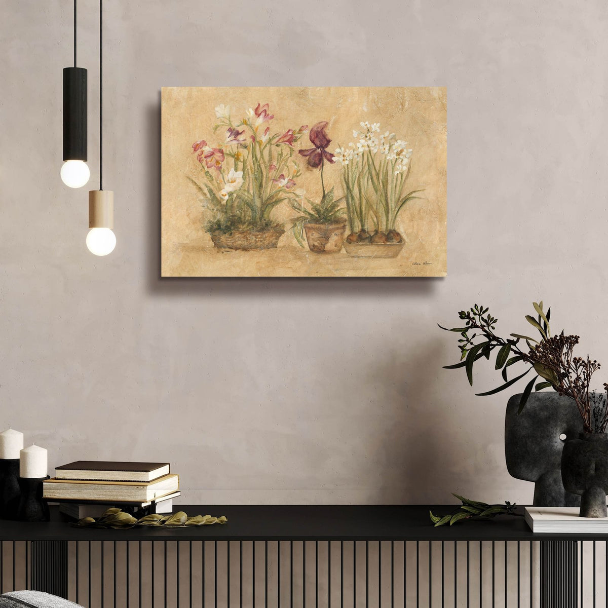 Three Floral Baskets by Cheri Blum - 24x16 acrylic wall art in a room