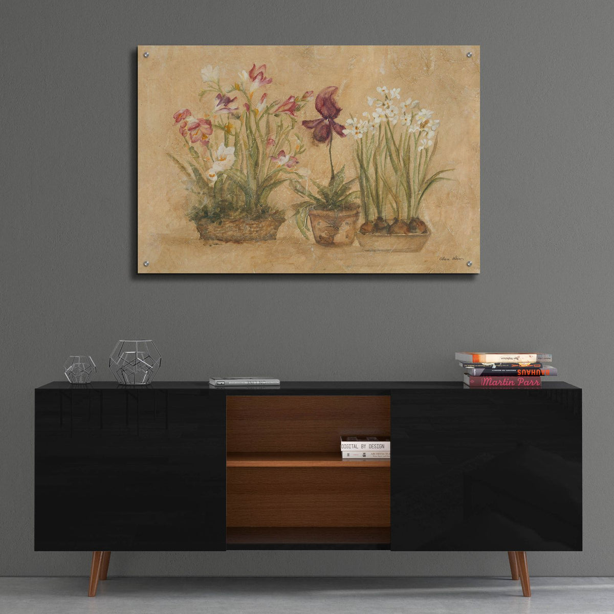 Three Floral Baskets by Cheri Blum - 36x24 acrylic wall art in a room