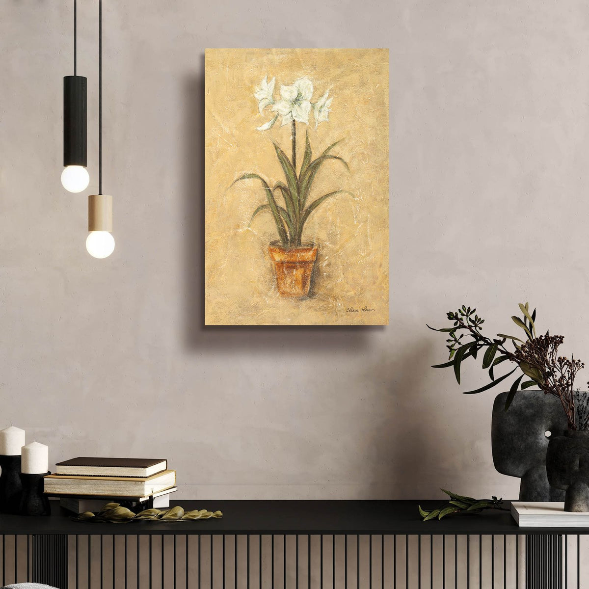 White Amaryllis 2 by Cheri Blum - 16x24 acrylic wall art in a room