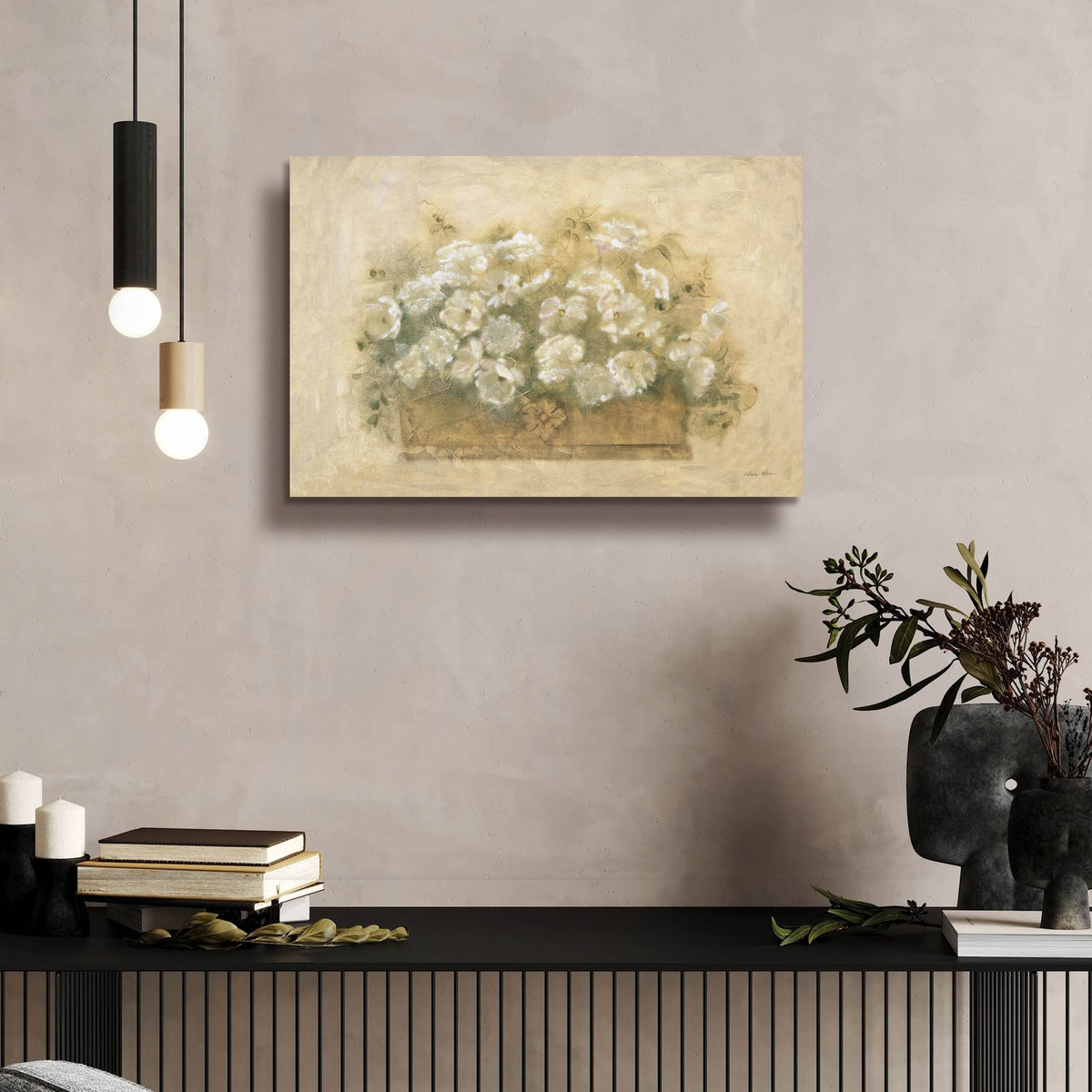 White Floral Bouquet 1 by Cheri Blum - 24x16 acrylic wall art in a room