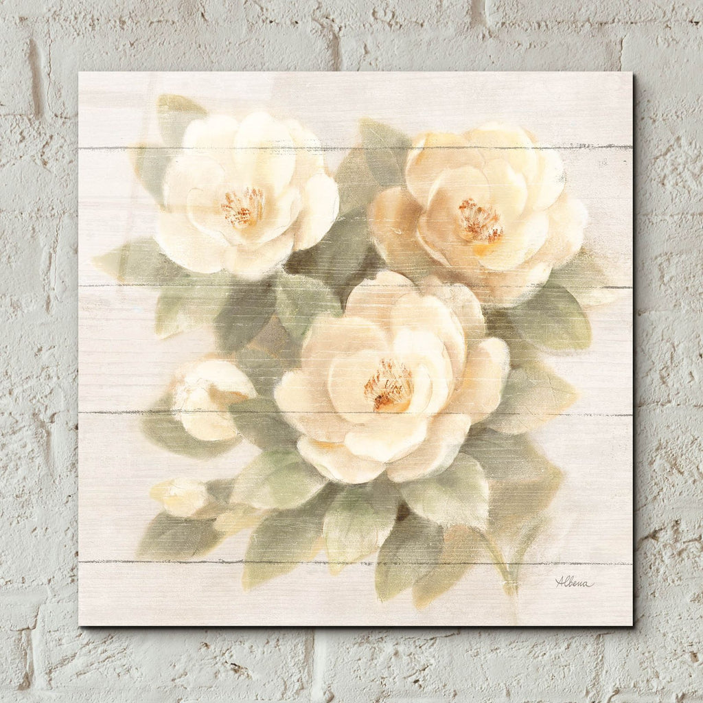 Ivory Camelia On Wood by Albena Hristova - 12x12 acrylic wall art in a room